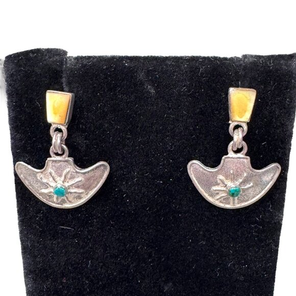 Vintage Sterling Silver 950 Mexican Artisan Earrings Turquoise Sun Starburst - Picture 2 of 8